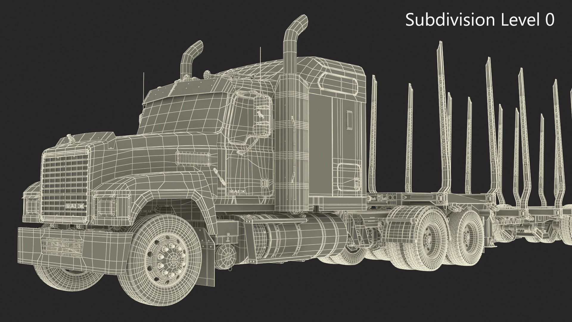 3D model Mack CHU613 Truck with Empty Logging Trailer Manac