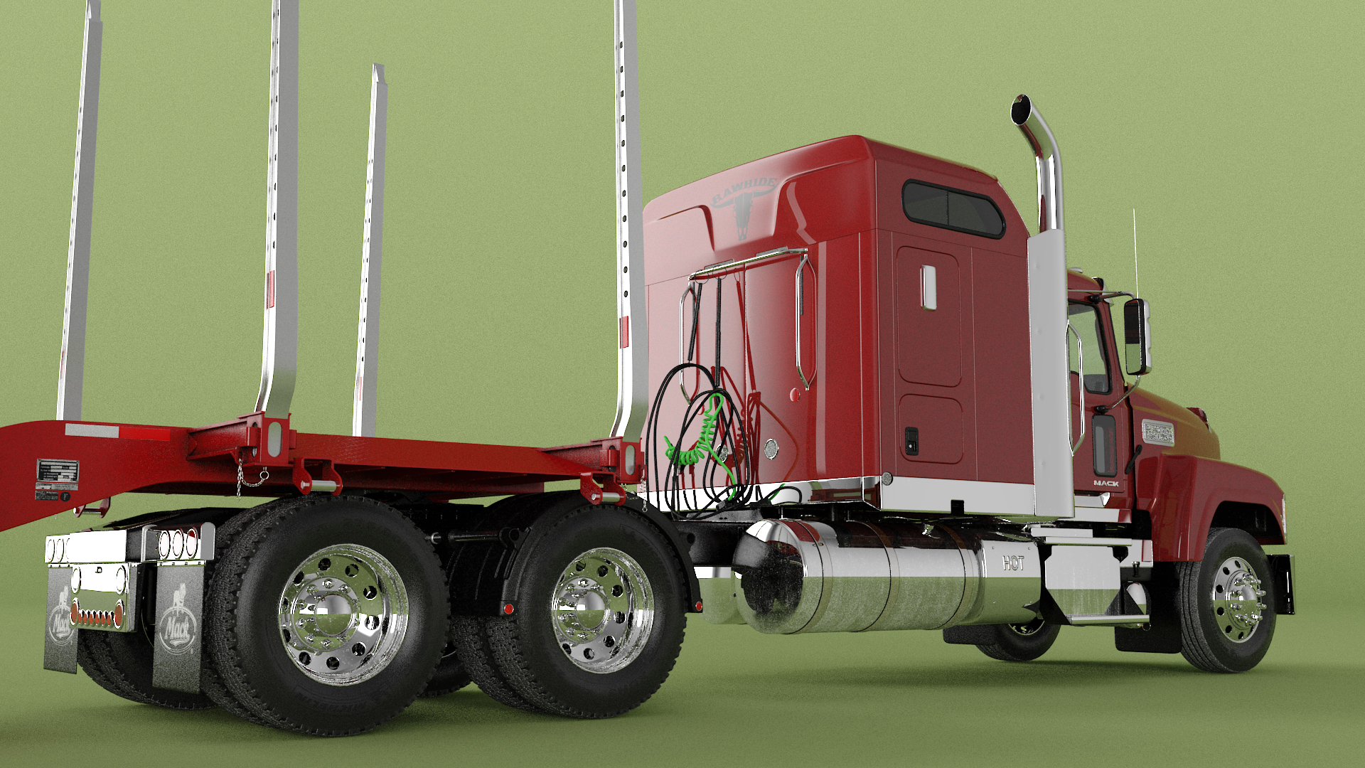 3D model Mack CHU613 Truck with Empty Logging Trailer Manac