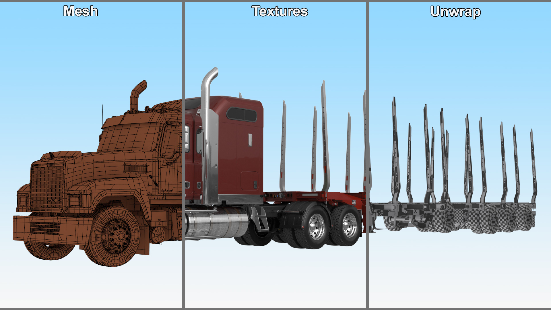 3D model Mack CHU613 Truck with Empty Logging Trailer Manac