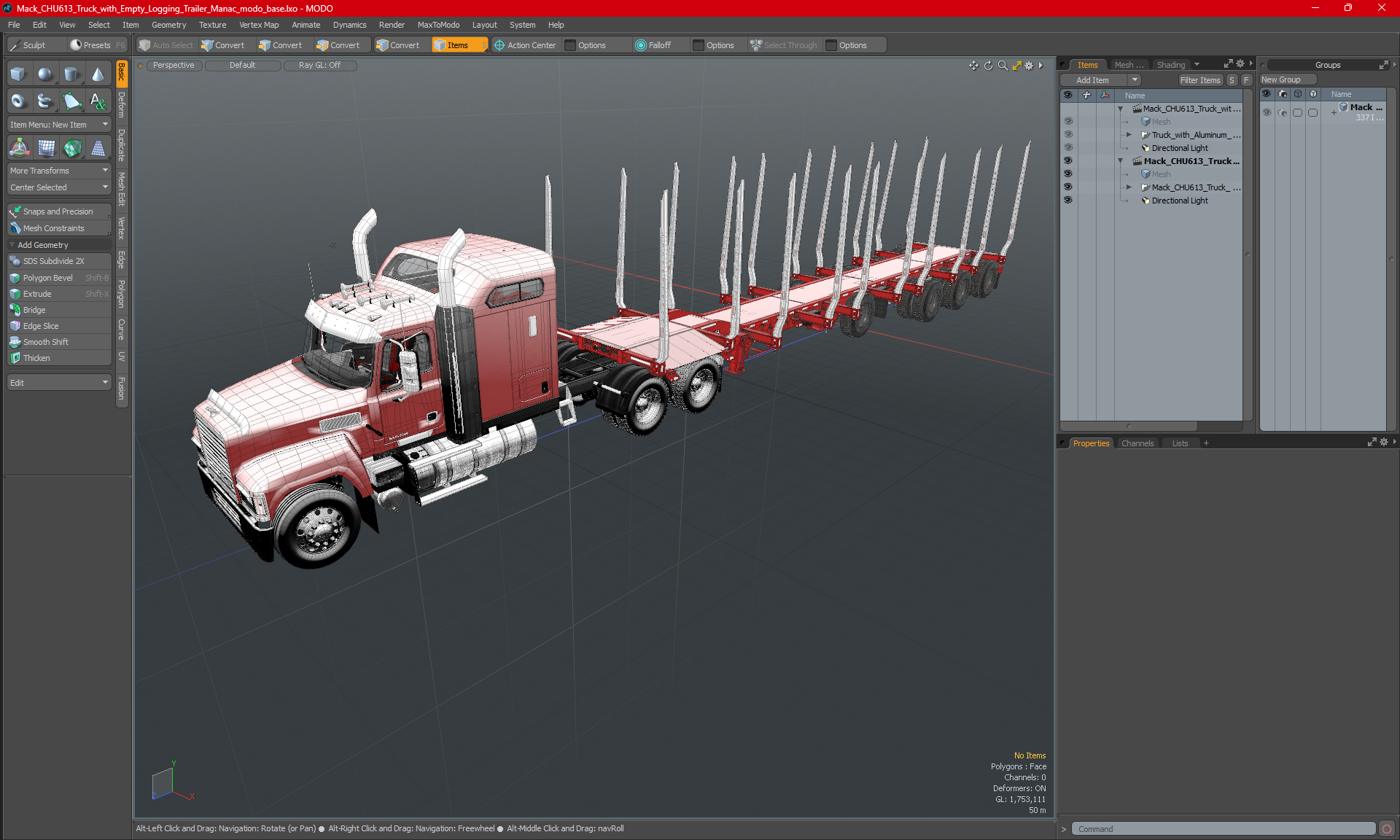 3D model Mack CHU613 Truck with Empty Logging Trailer Manac