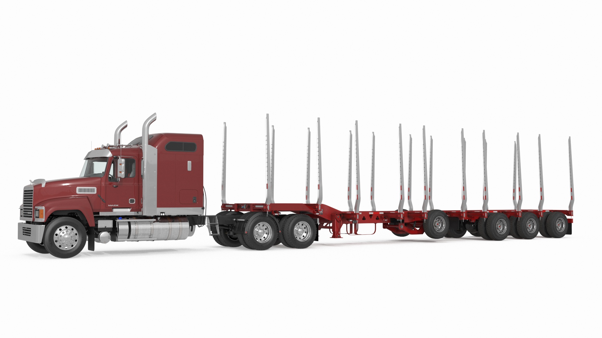 3D model Mack CHU613 Truck with Empty Logging Trailer Manac