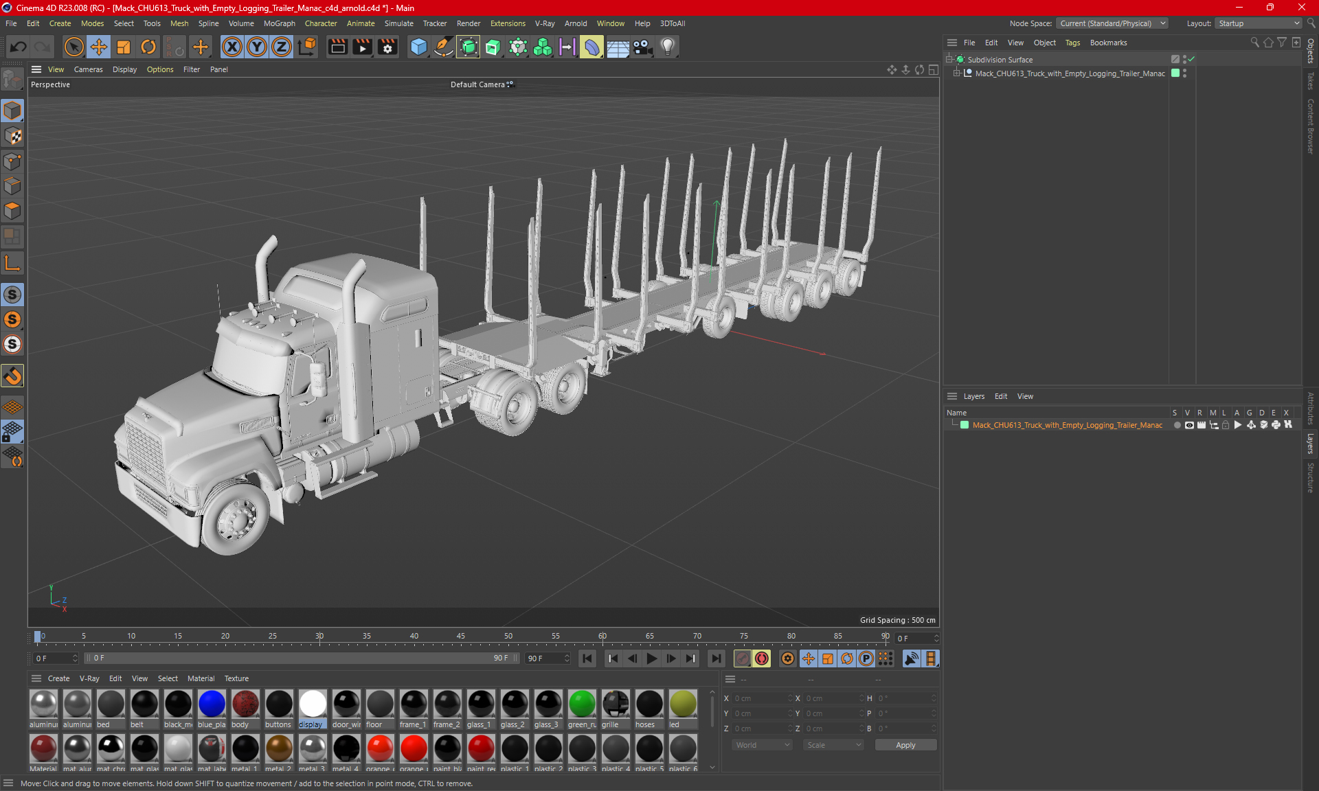 3D model Mack CHU613 Truck with Empty Logging Trailer Manac