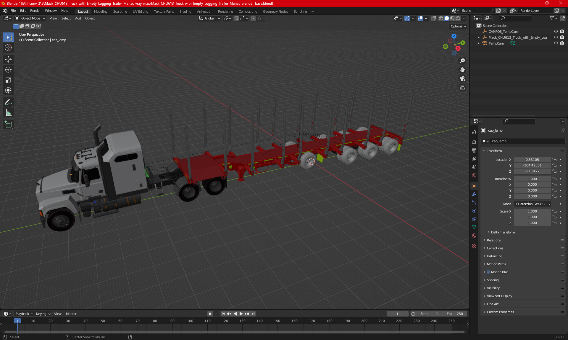 3D model Mack CHU613 Truck with Empty Logging Trailer Manac