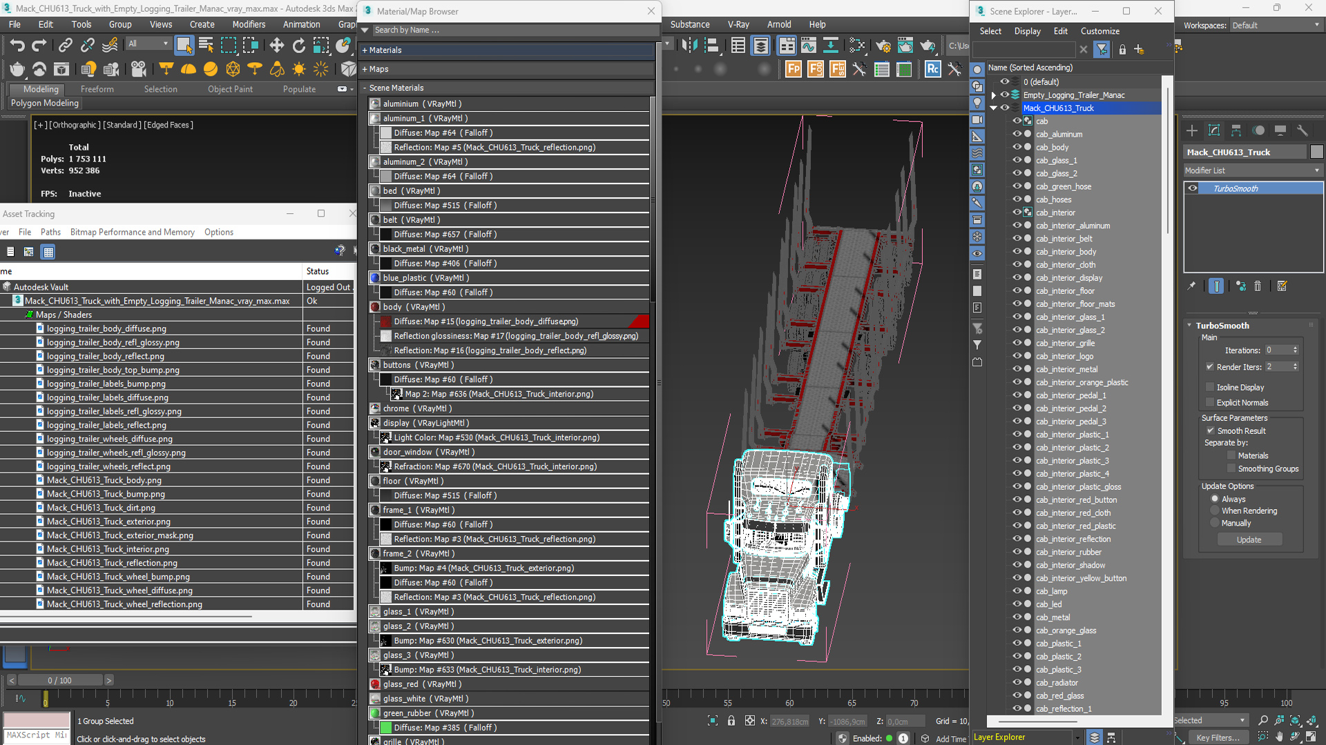 3D model Mack CHU613 Truck with Empty Logging Trailer Manac