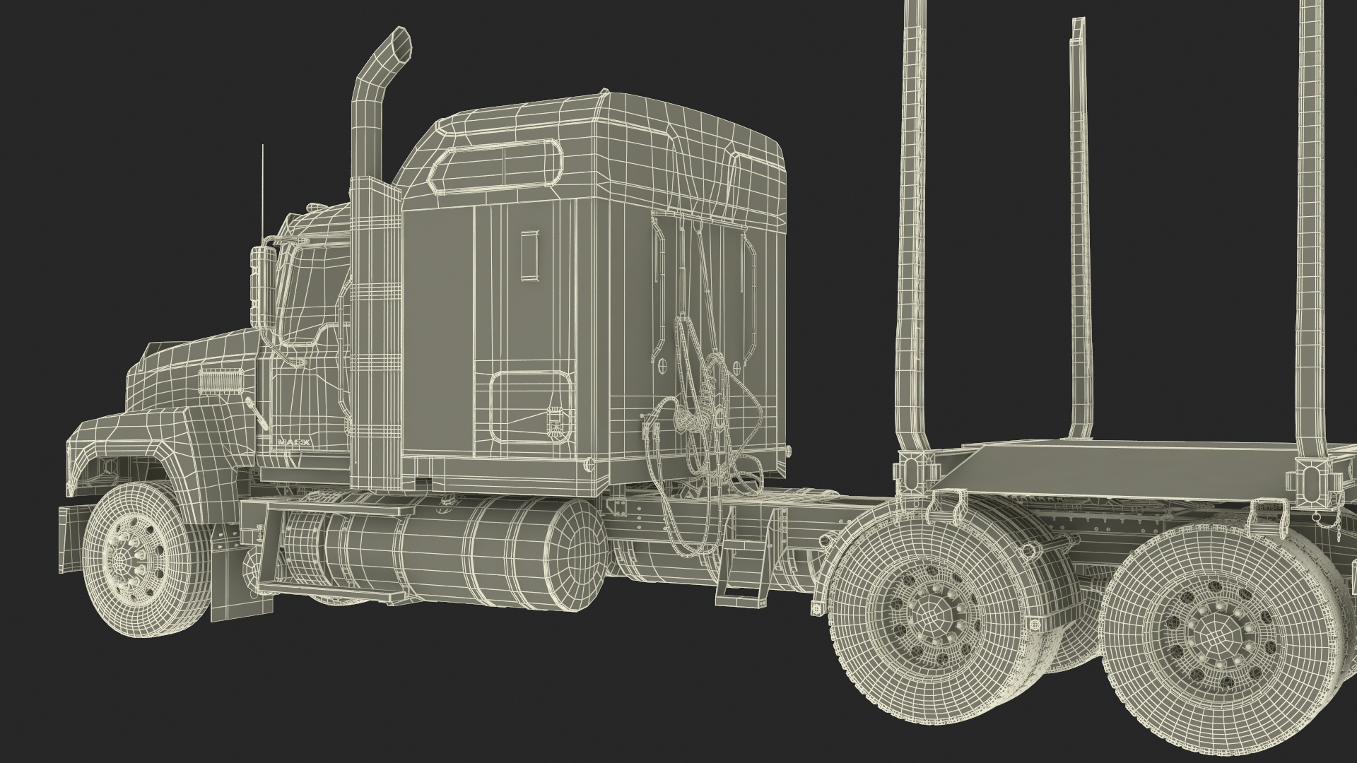 3D model Mack CHU613 Truck with Empty Logging Trailer Manac