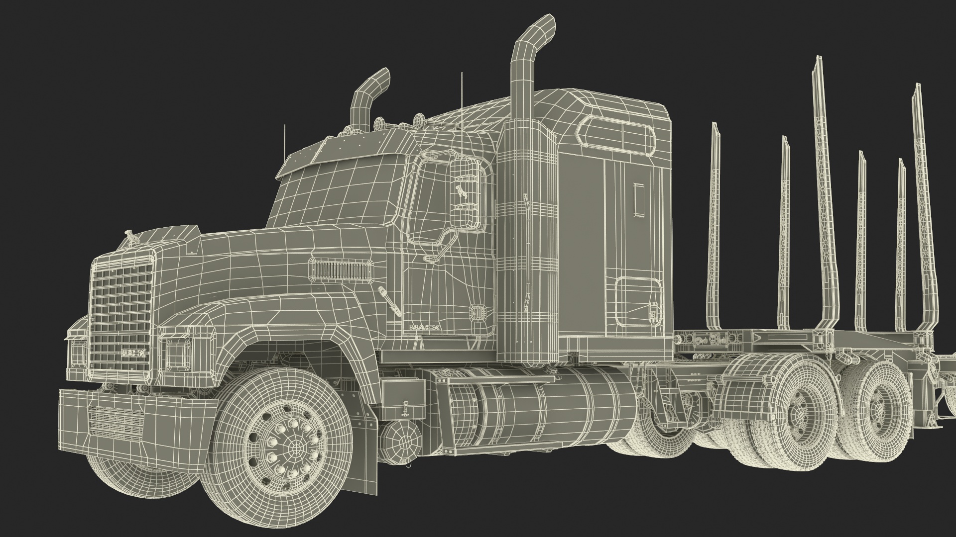 3D model Mack CHU613 Truck with Empty Logging Trailer Manac