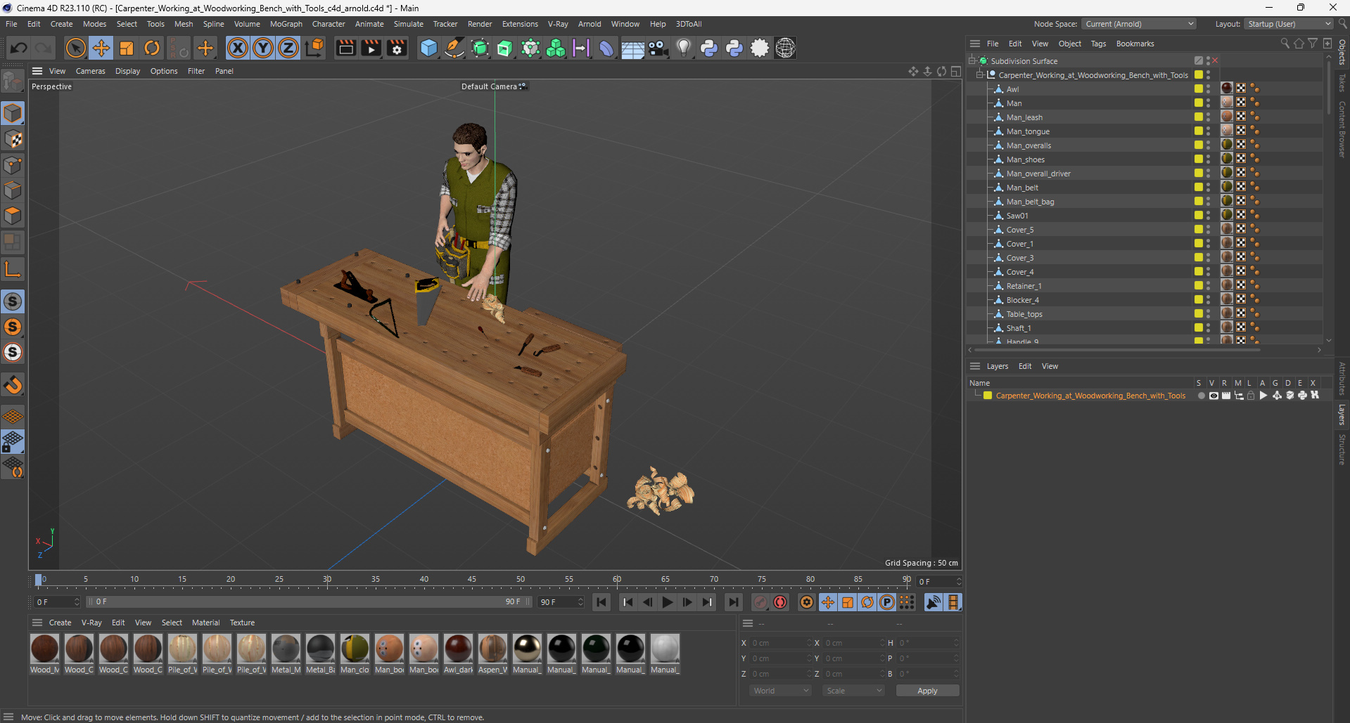 Carpenter Working at Woodworking Bench with Tools 3D model