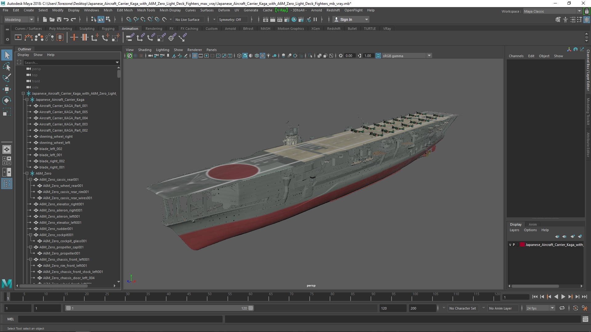 Japanese Aircraft Carrier Kaga with A6M Zero Light Deck Fighters 3D model