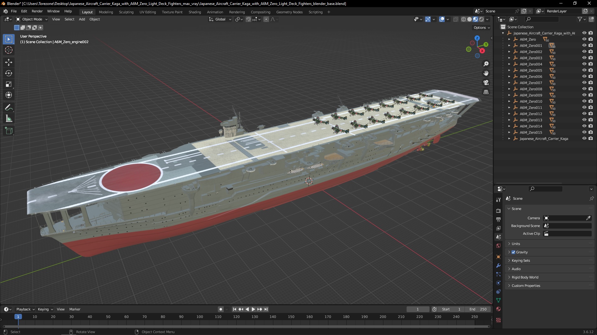 Japanese Aircraft Carrier Kaga with A6M Zero Light Deck Fighters 3D model