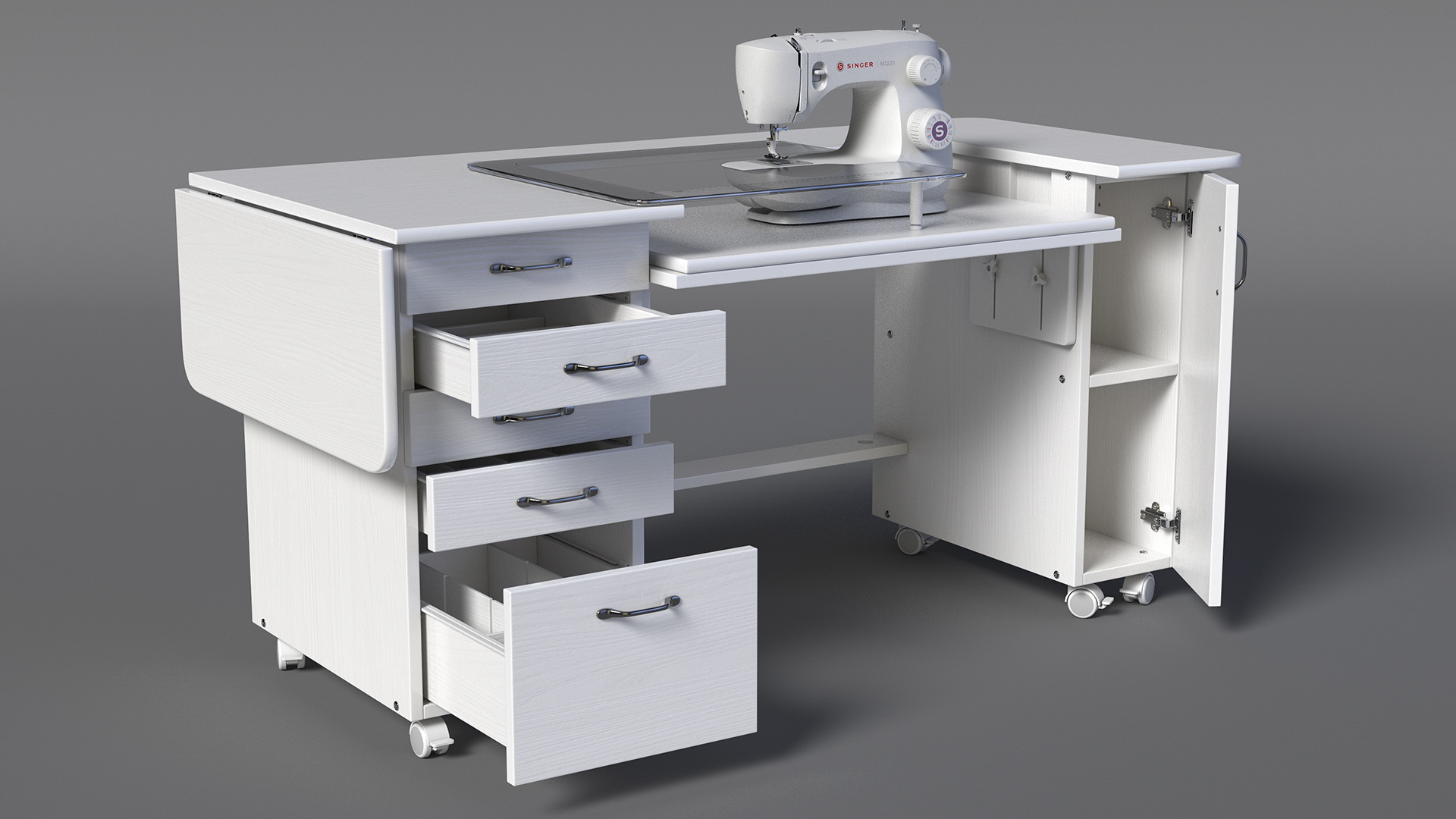 3D model White Sewing Table Cabinet with Singer Sew Machine