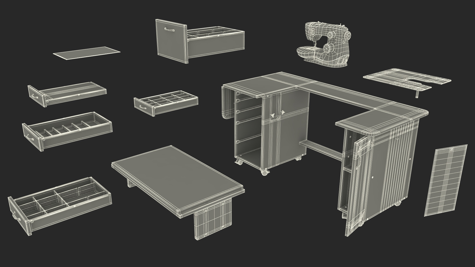 3D model White Sewing Table Cabinet with Singer Sew Machine