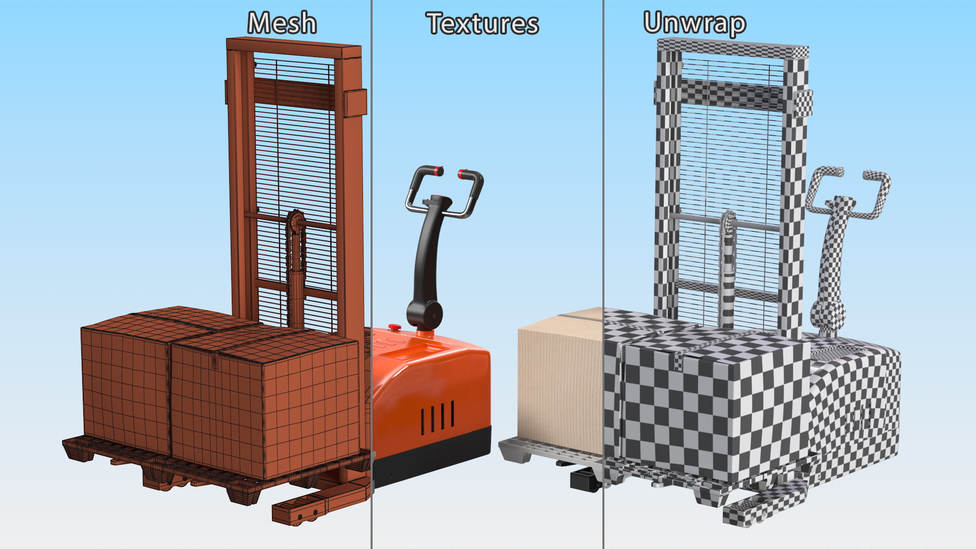 Orange Walkie Pallet Stacker with Boxes 3D model