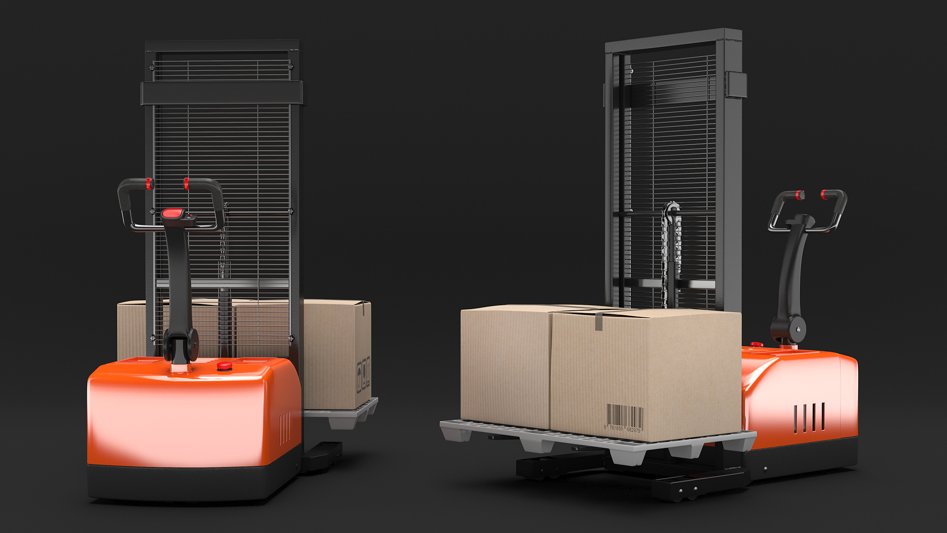 Orange Walkie Pallet Stacker with Boxes 3D model