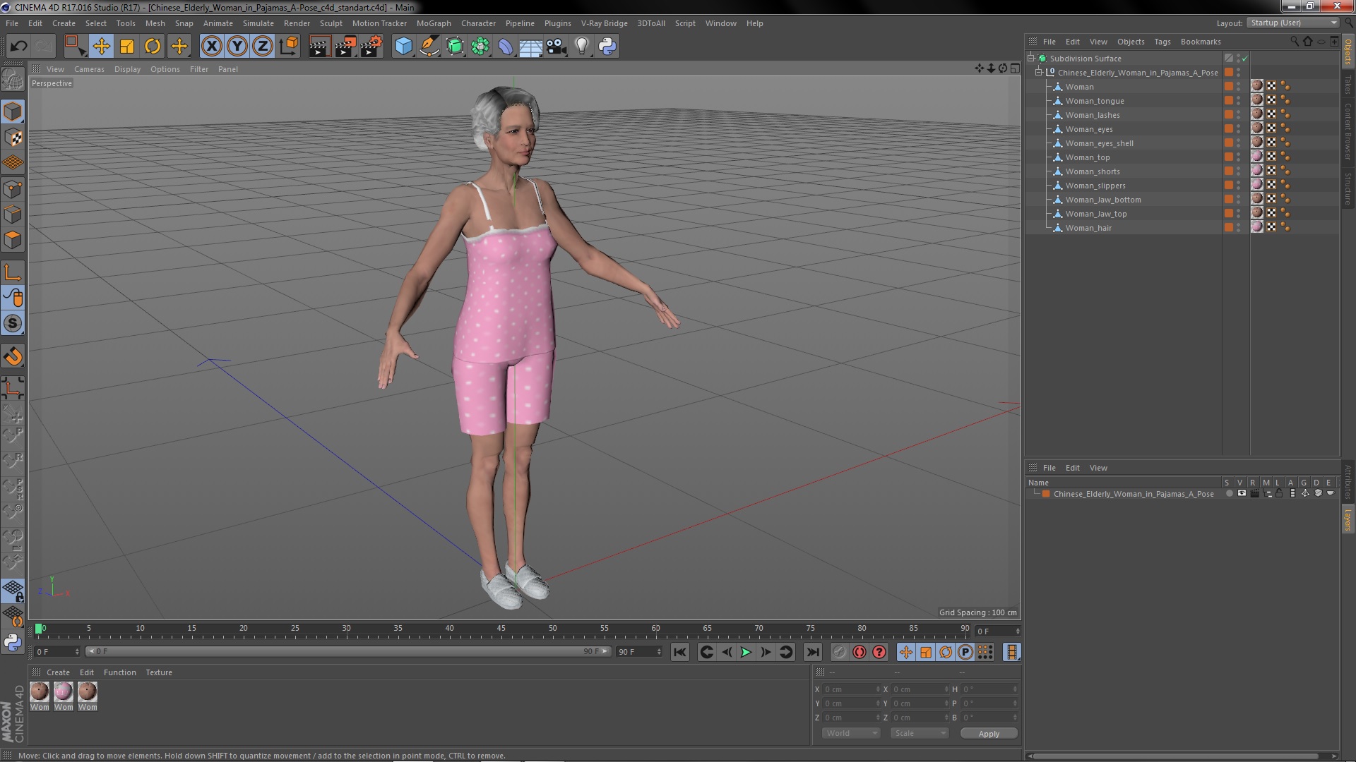 Chinese Elderly Woman in Pajamas A-Pose 3D model