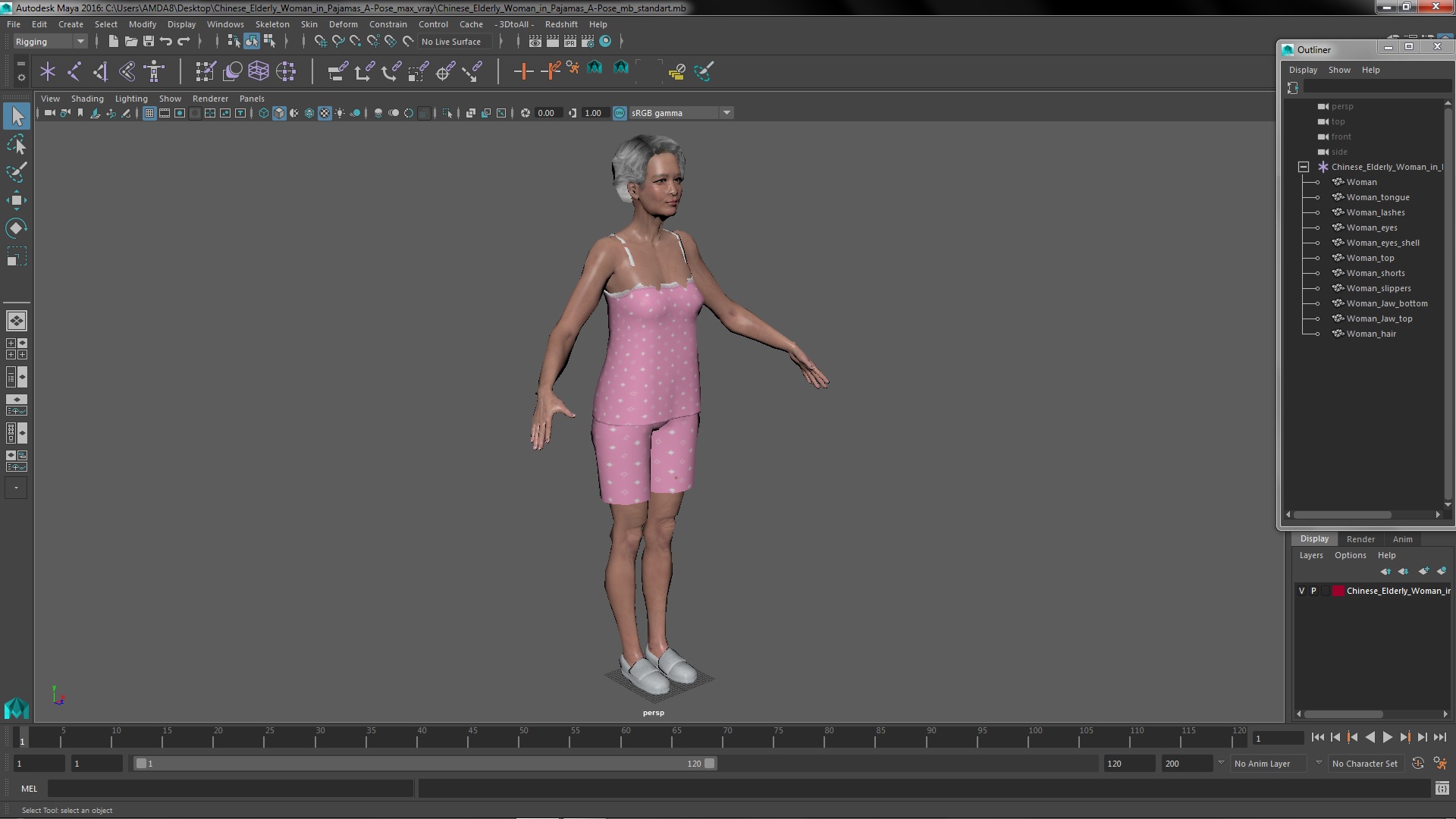 Chinese Elderly Woman in Pajamas A-Pose 3D model