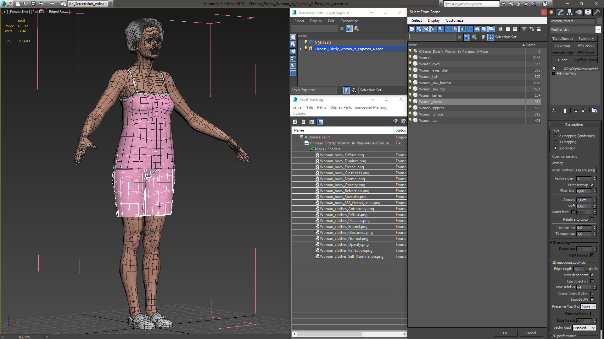 Chinese Elderly Woman in Pajamas A-Pose 3D model