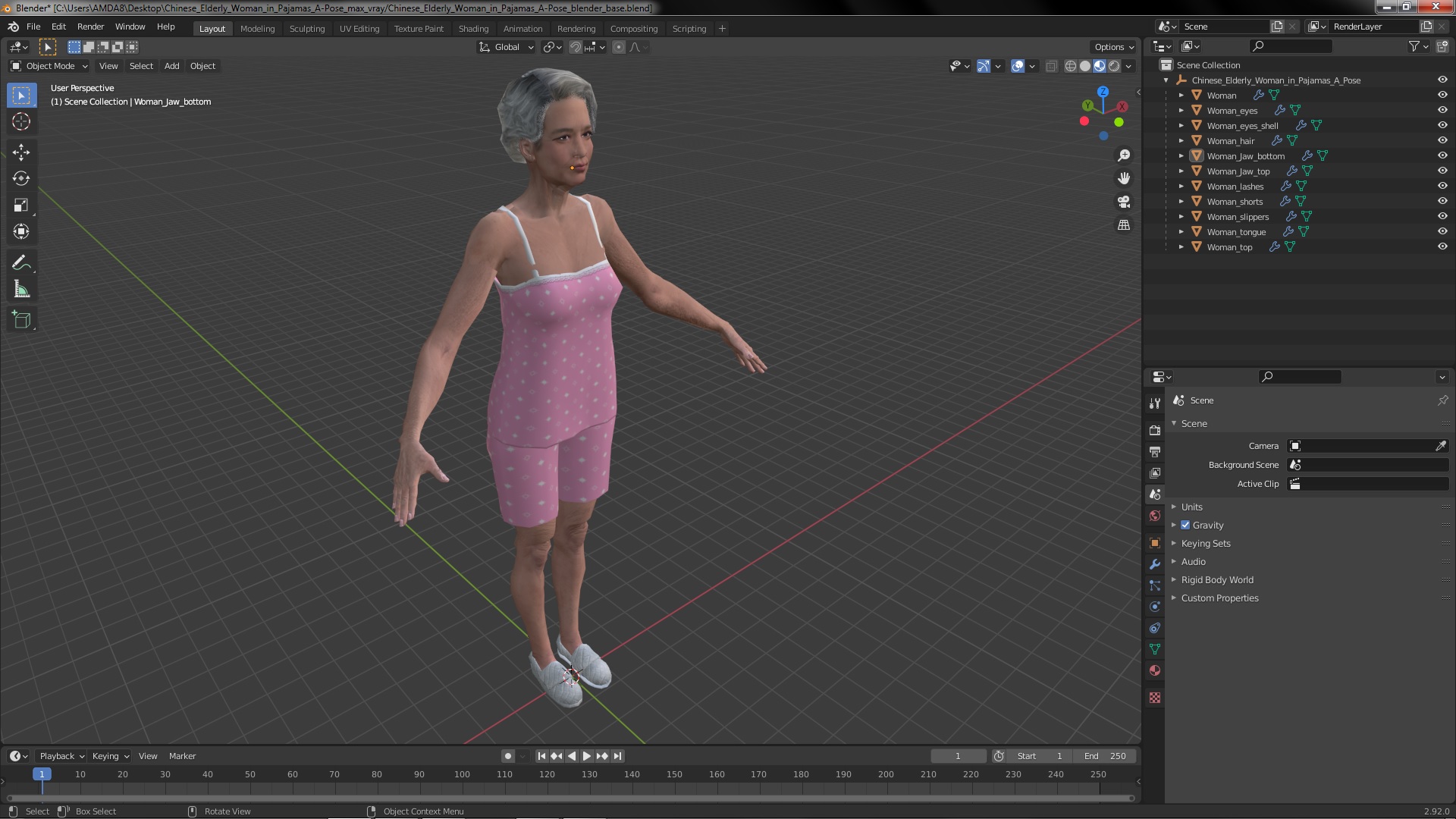 Chinese Elderly Woman in Pajamas A-Pose 3D model