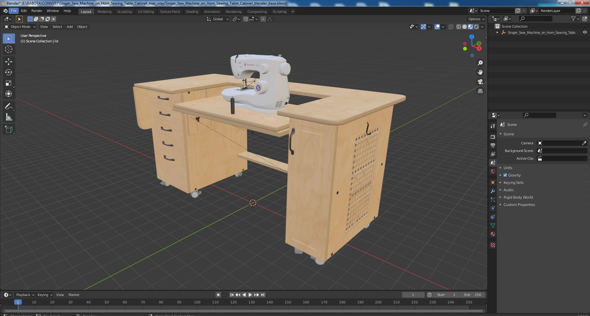 Singer Sew Machine on Horn Sewing Table Cabinet 3D