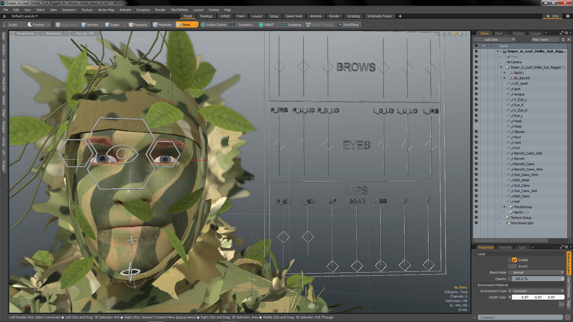 3D Sniper in Leaf Ghillie Suit Rigged for Modo model