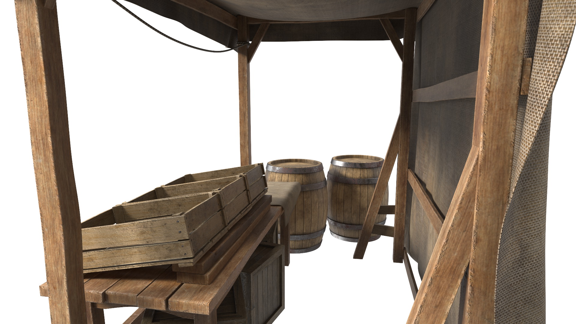 Medieval Market Stand with Barrels 3D model