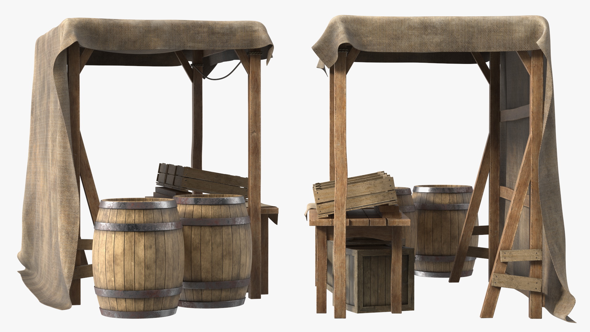 Medieval Market Stand with Barrels 3D model