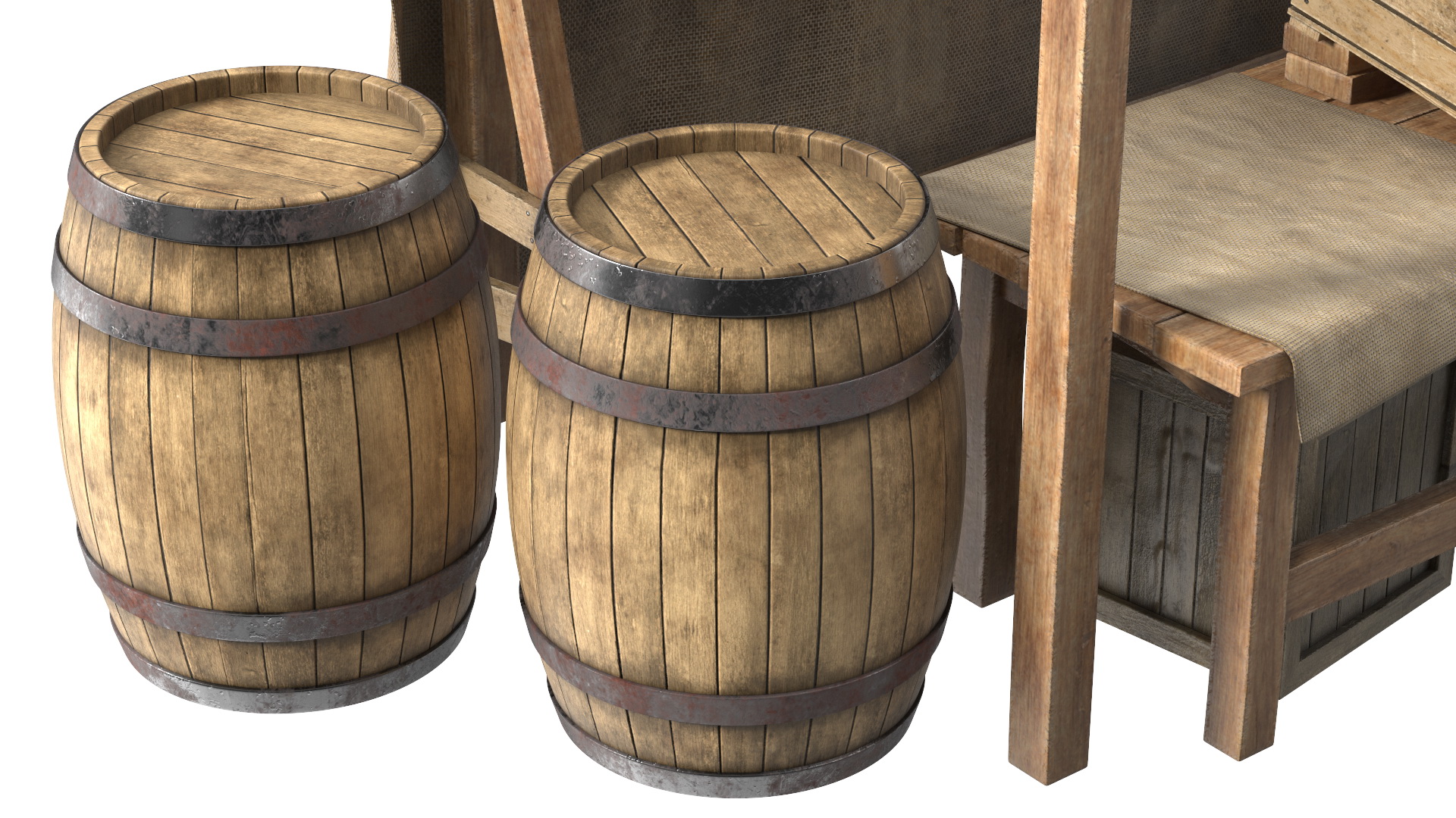 Medieval Market Stand with Barrels 3D model