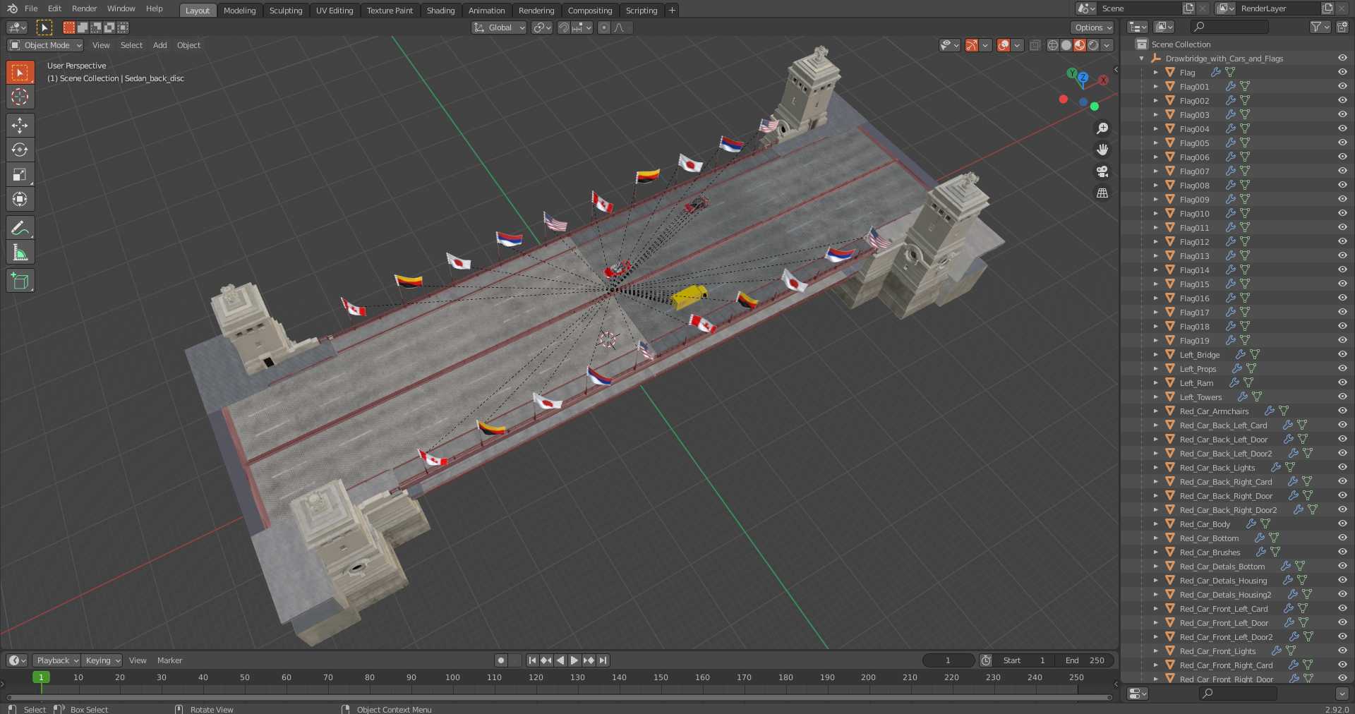 3D model Drawbridge with Cars and Flags