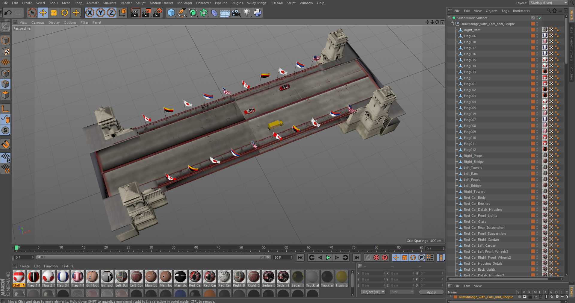 3D model Drawbridge with Cars and Flags