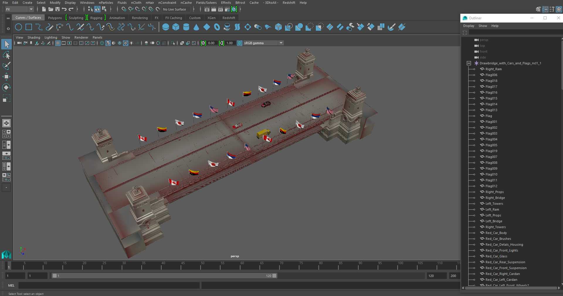 3D model Drawbridge with Cars and Flags