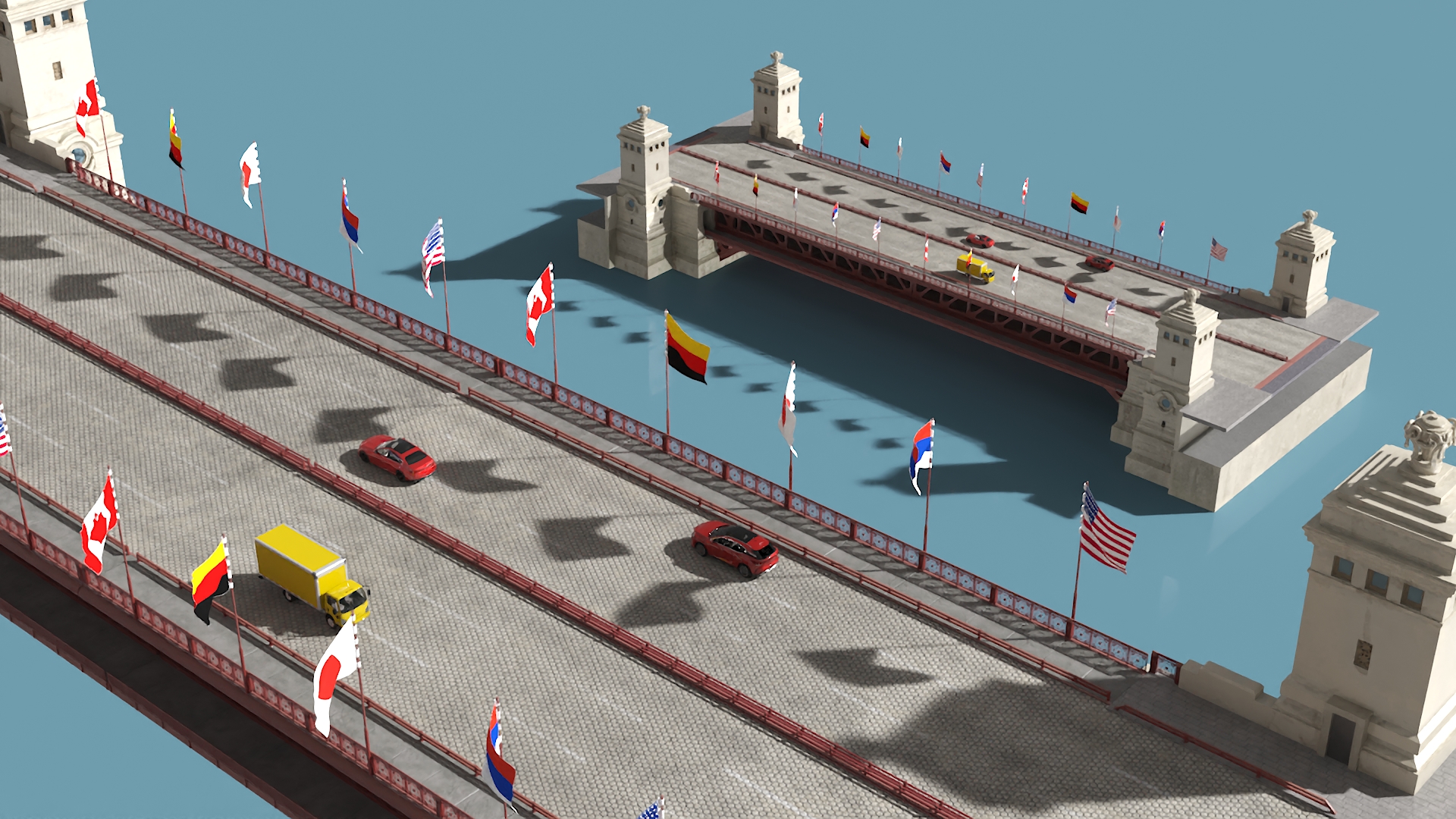 3D model Drawbridge with Cars and Flags