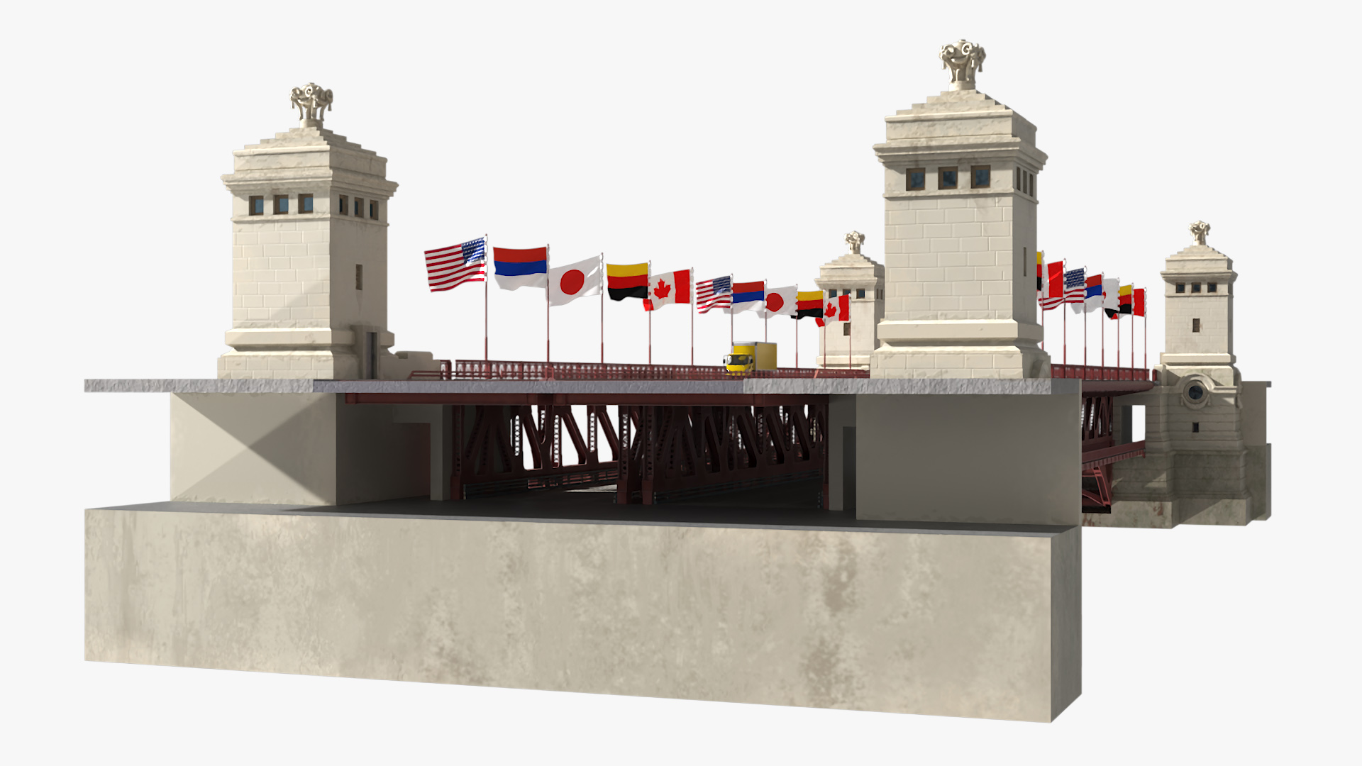 3D model Drawbridge with Cars and Flags