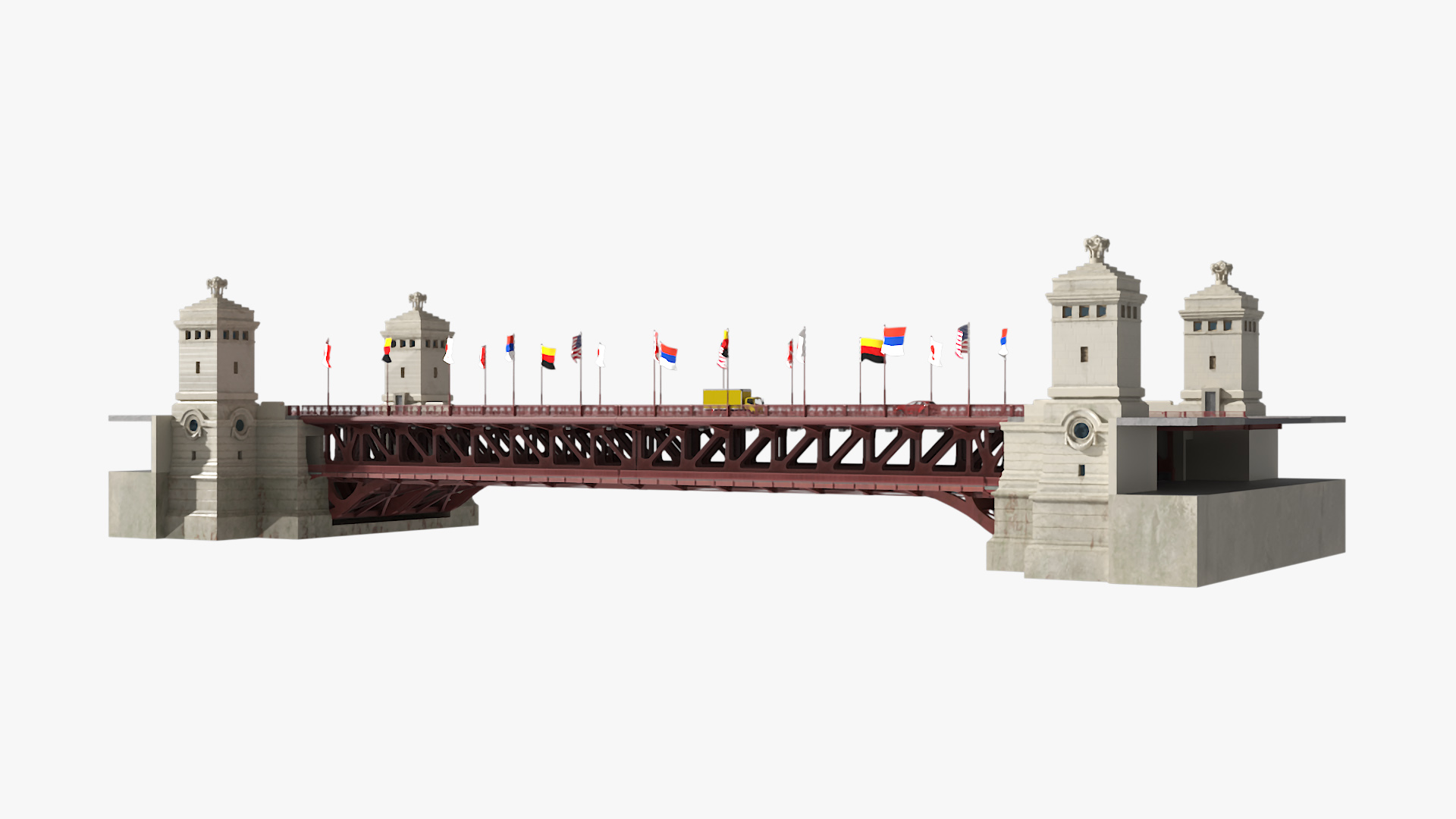 3D model Drawbridge with Cars and Flags