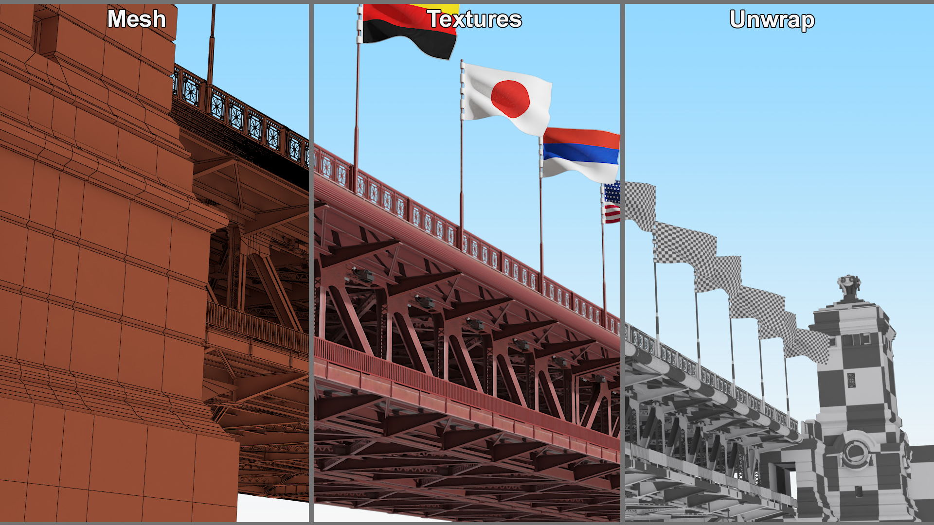 3D model Drawbridge with Cars and Flags