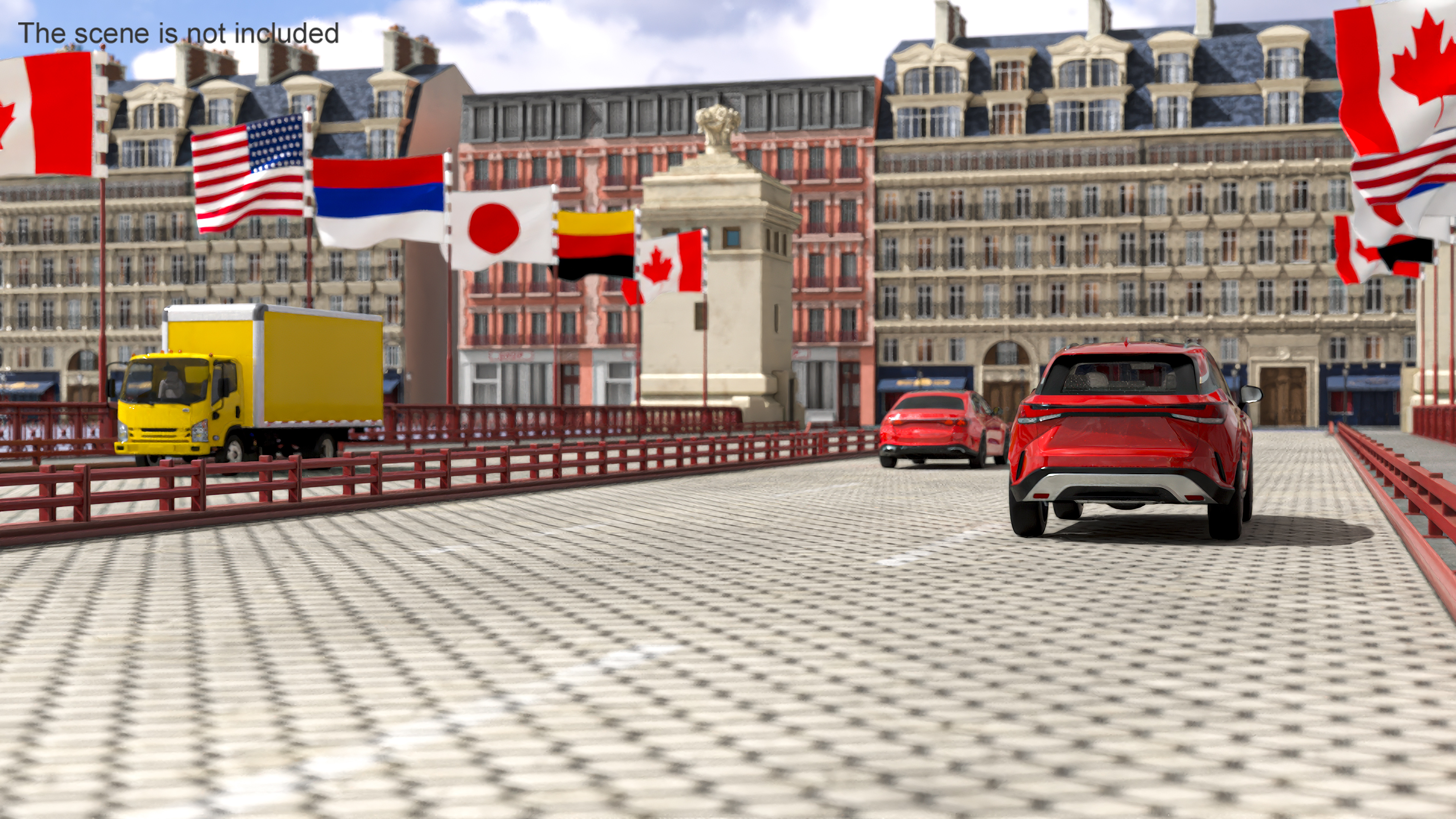 3D model Drawbridge with Cars and Flags