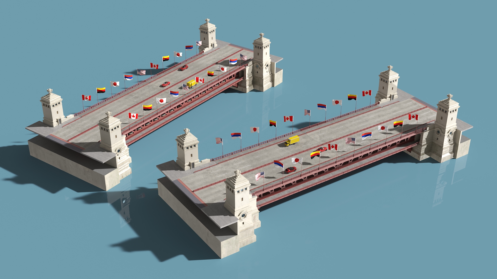 3D model Drawbridge with Cars and Flags