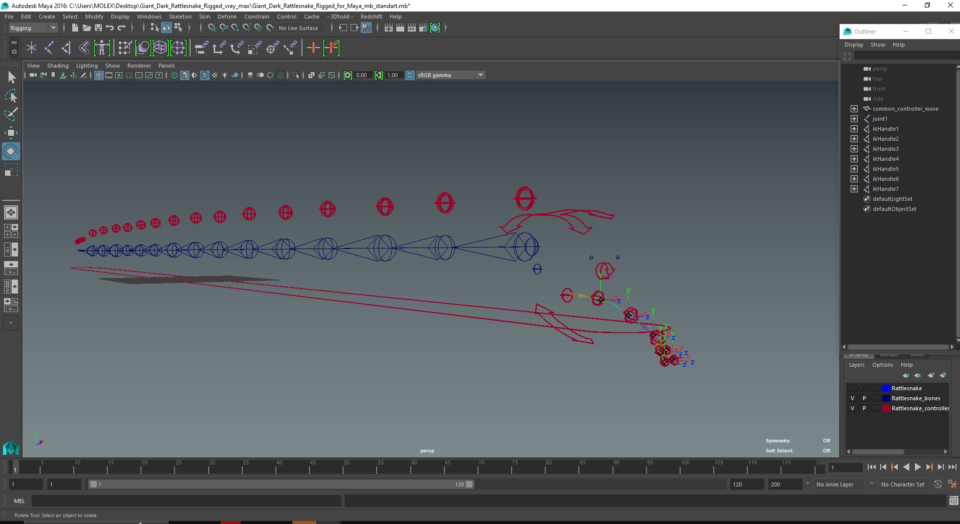 3D Giant Dark Rattlesnake Rigged for Maya model