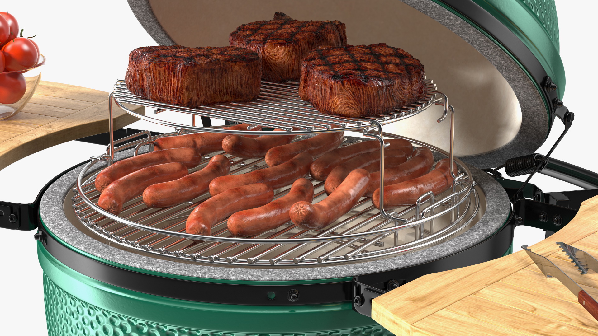 3D Big Green Egg Barbecue Grill Open with Meat and Vegetables model