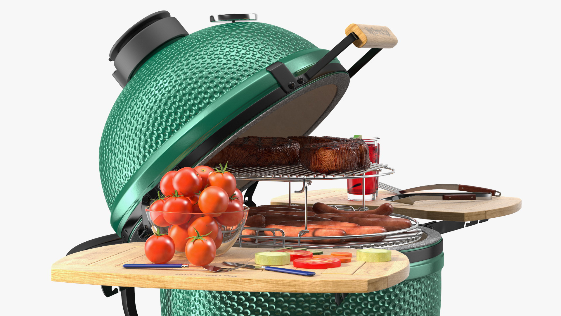 3D Big Green Egg Barbecue Grill Open with Meat and Vegetables model