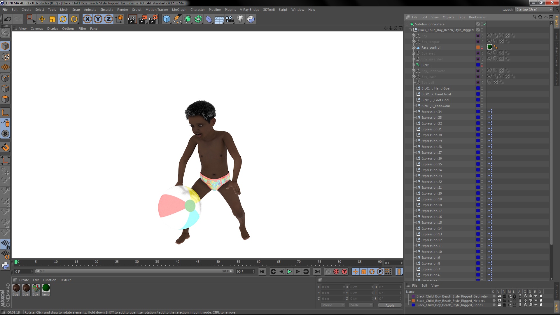 3D Black Child Boy Beach Style Rigged for Cinema 4D model