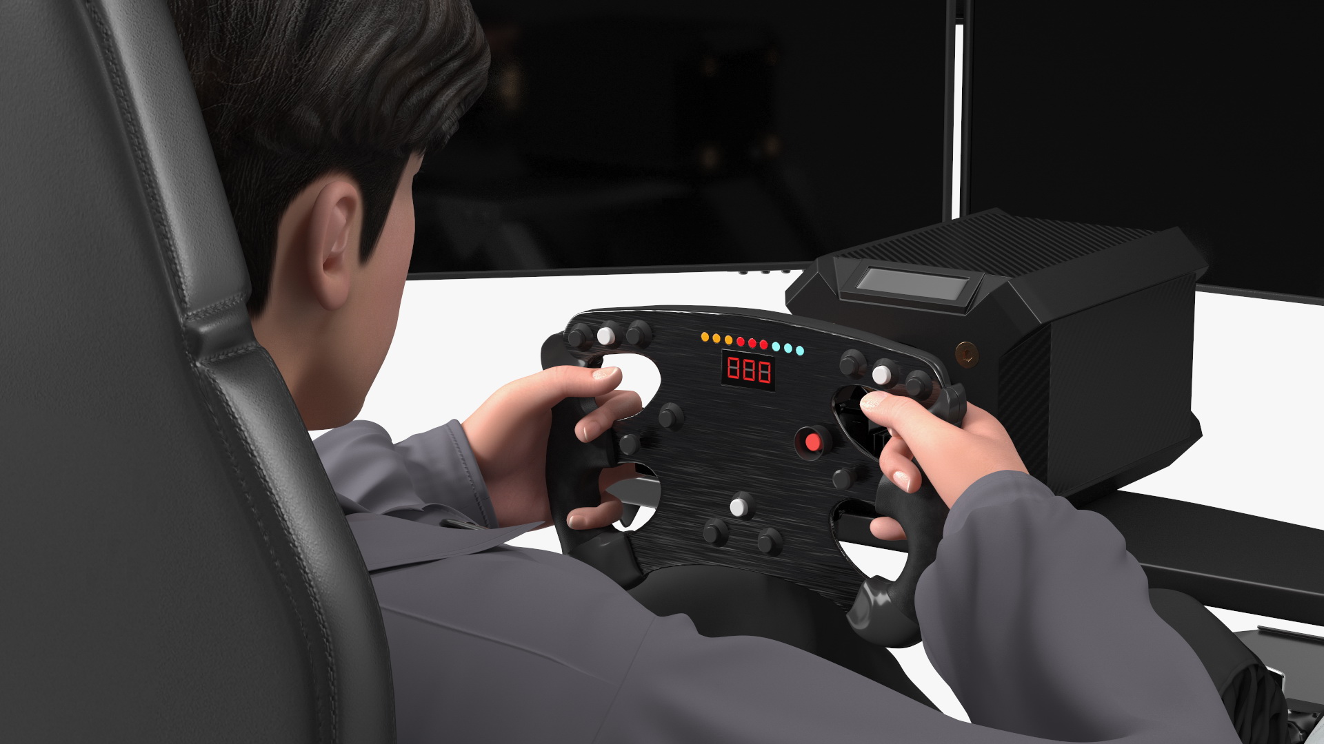 Man Sitting in a Racing Simulator Rig 3D