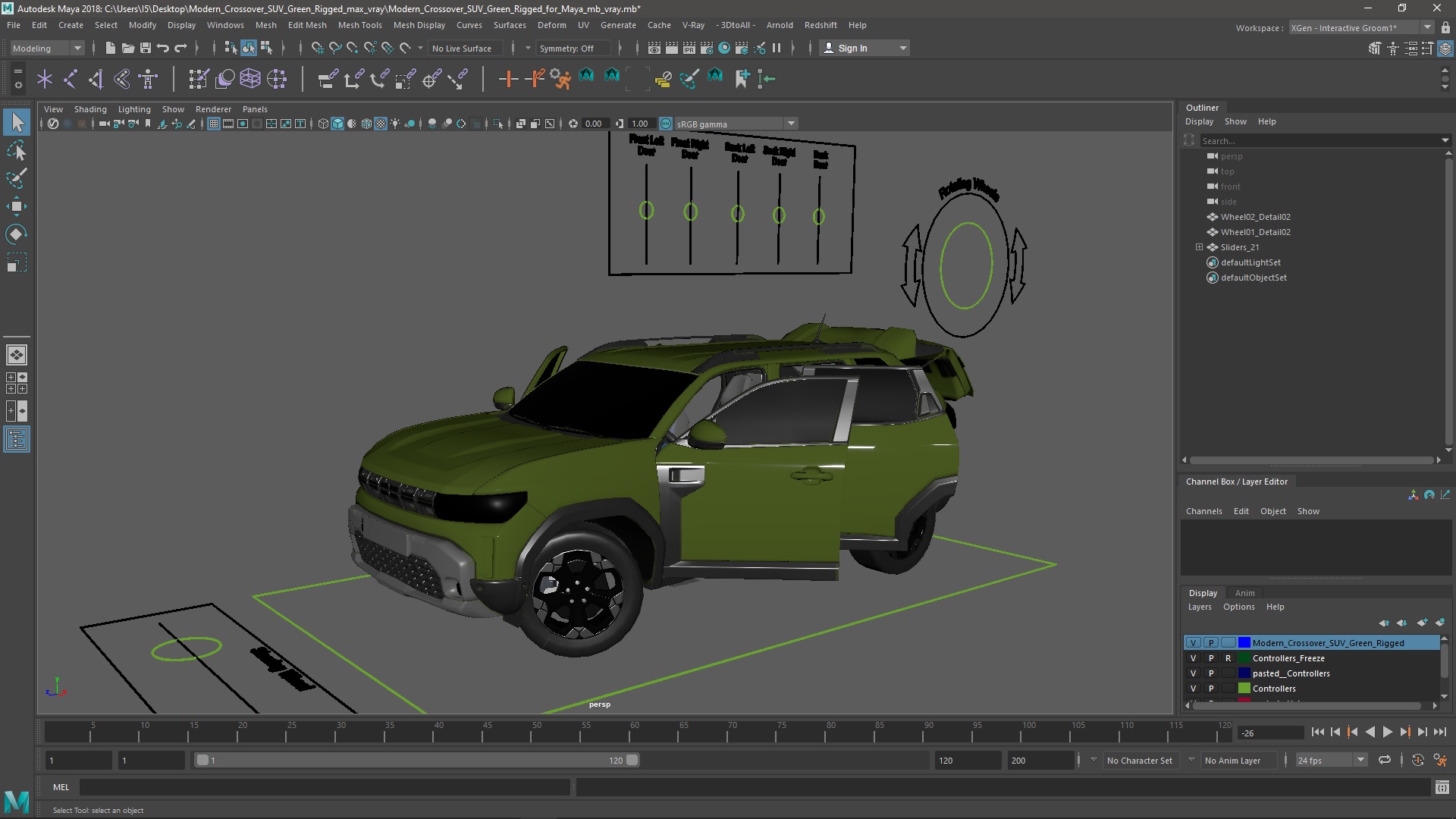 Modern Crossover SUV Green Rigged for Maya 3D