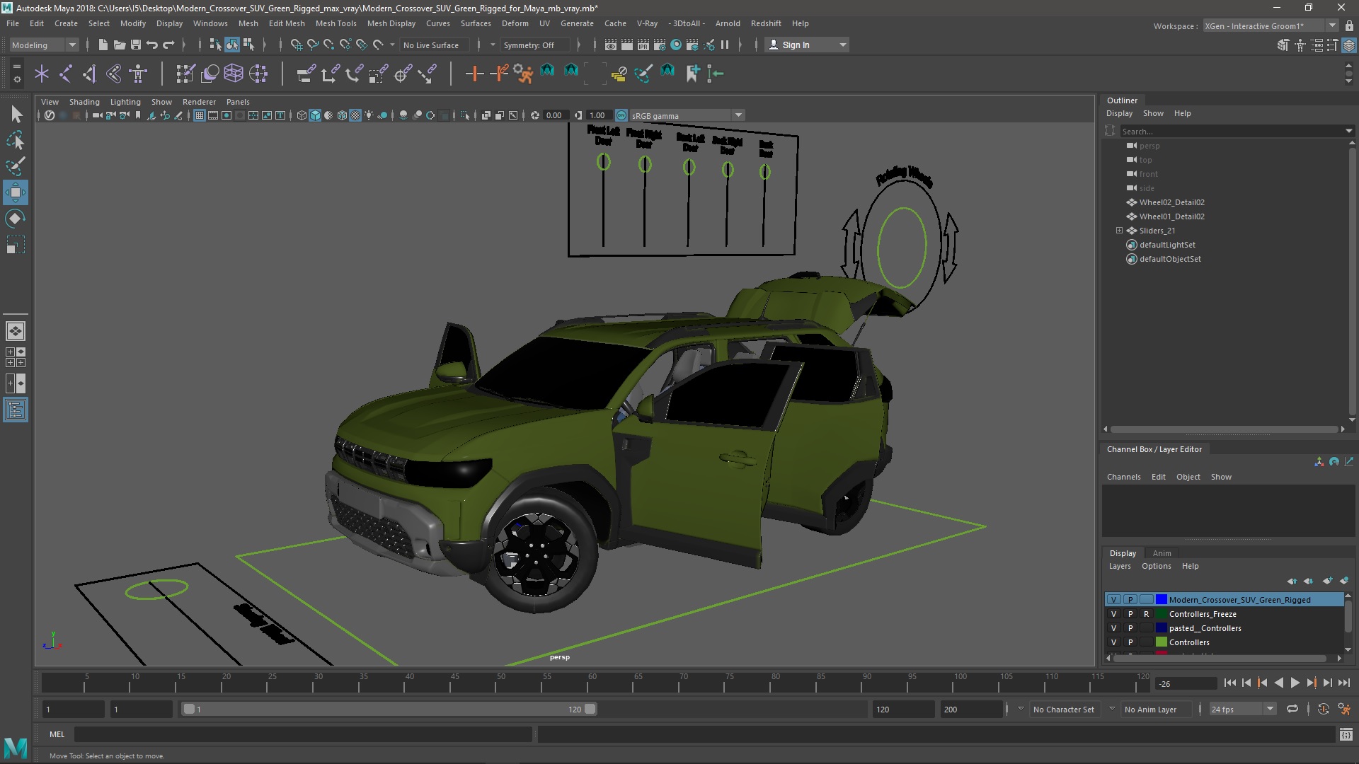 Modern Crossover SUV Green Rigged for Maya 3D