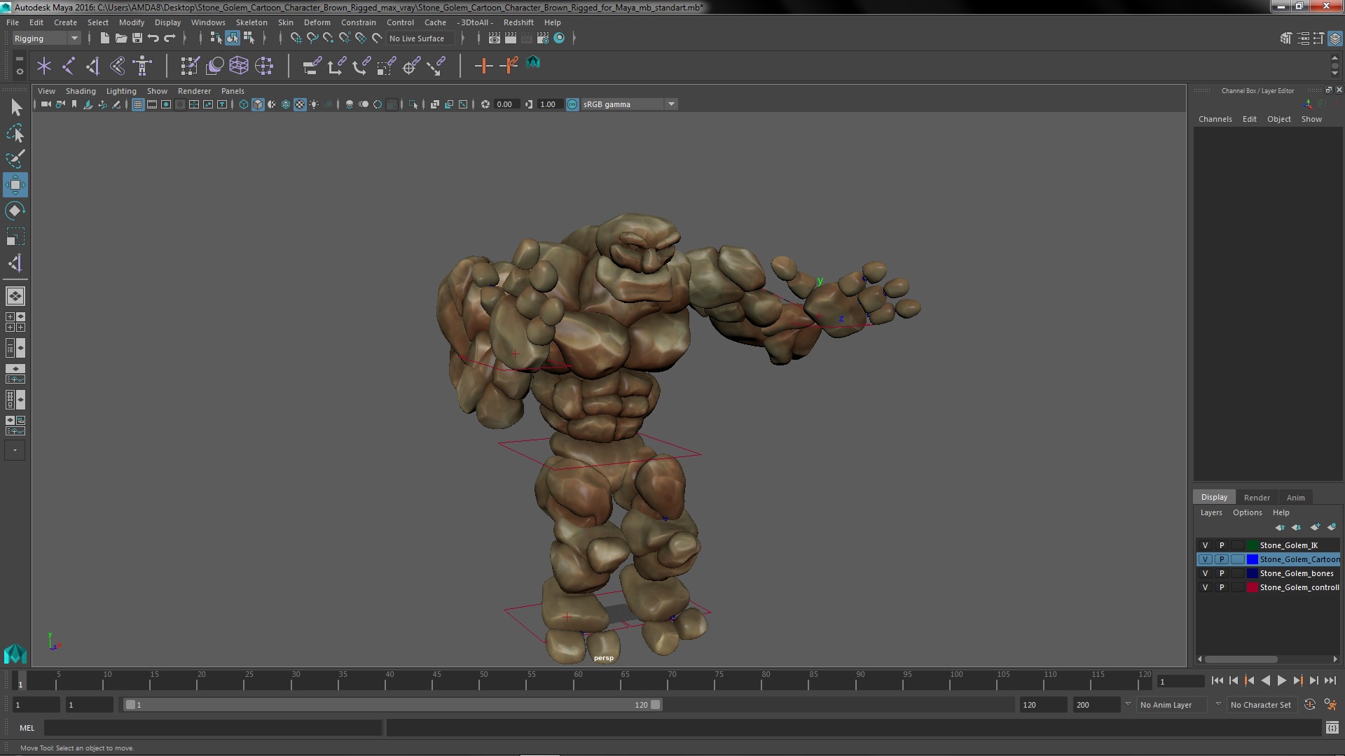 3D Stone Golem Cartoon Character Brown Rigged for Maya