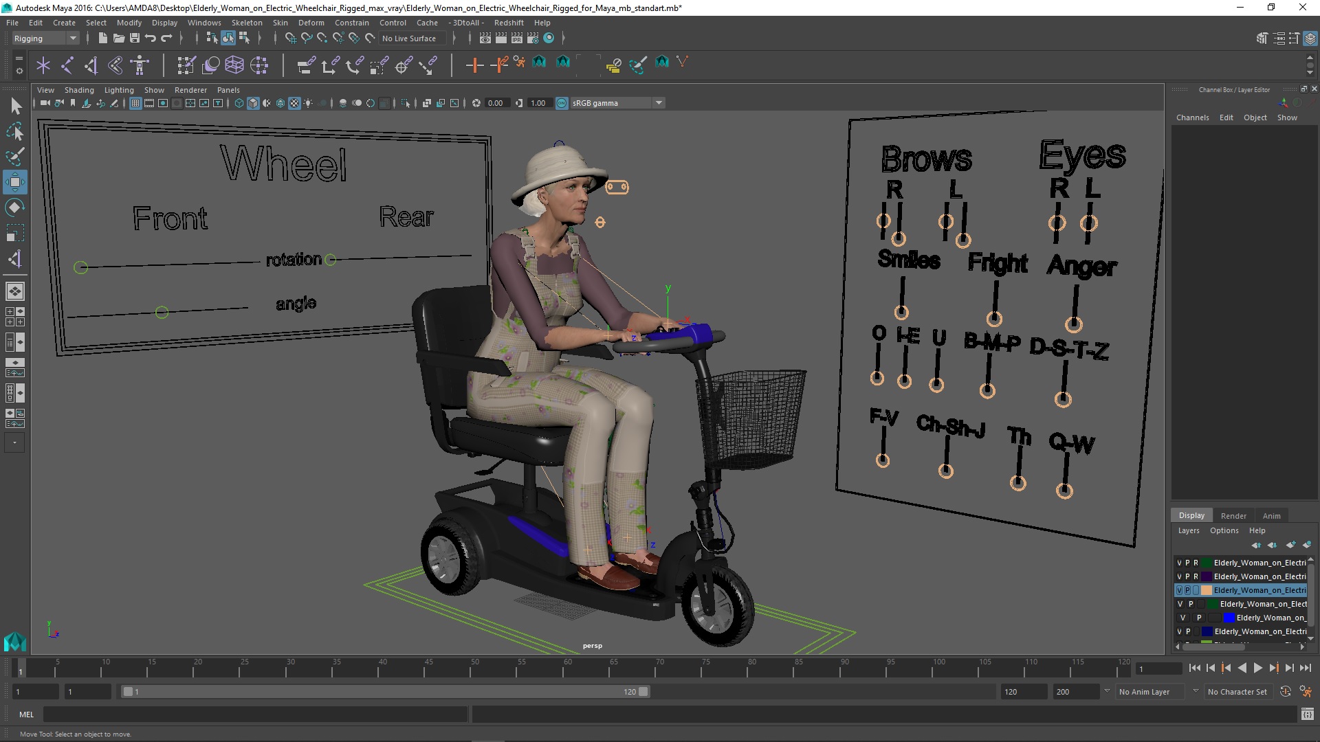 Elderly Woman on Electric Wheelchair Rigged for Maya 3D