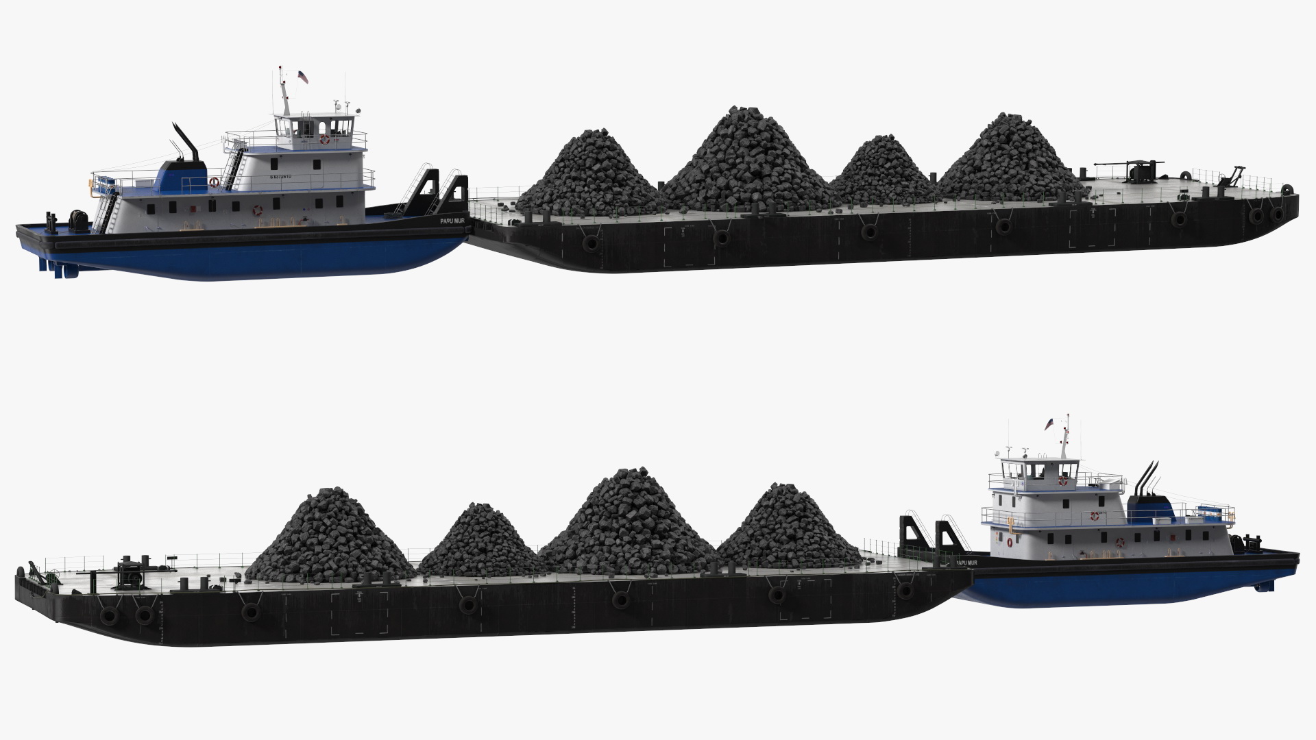 3D model Push Boat Ship with Pontoon Barge Loaded Coal