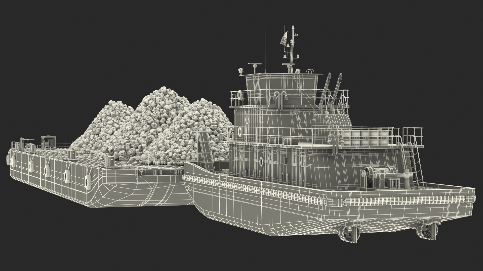 3D model Push Boat Ship with Pontoon Barge Loaded Coal