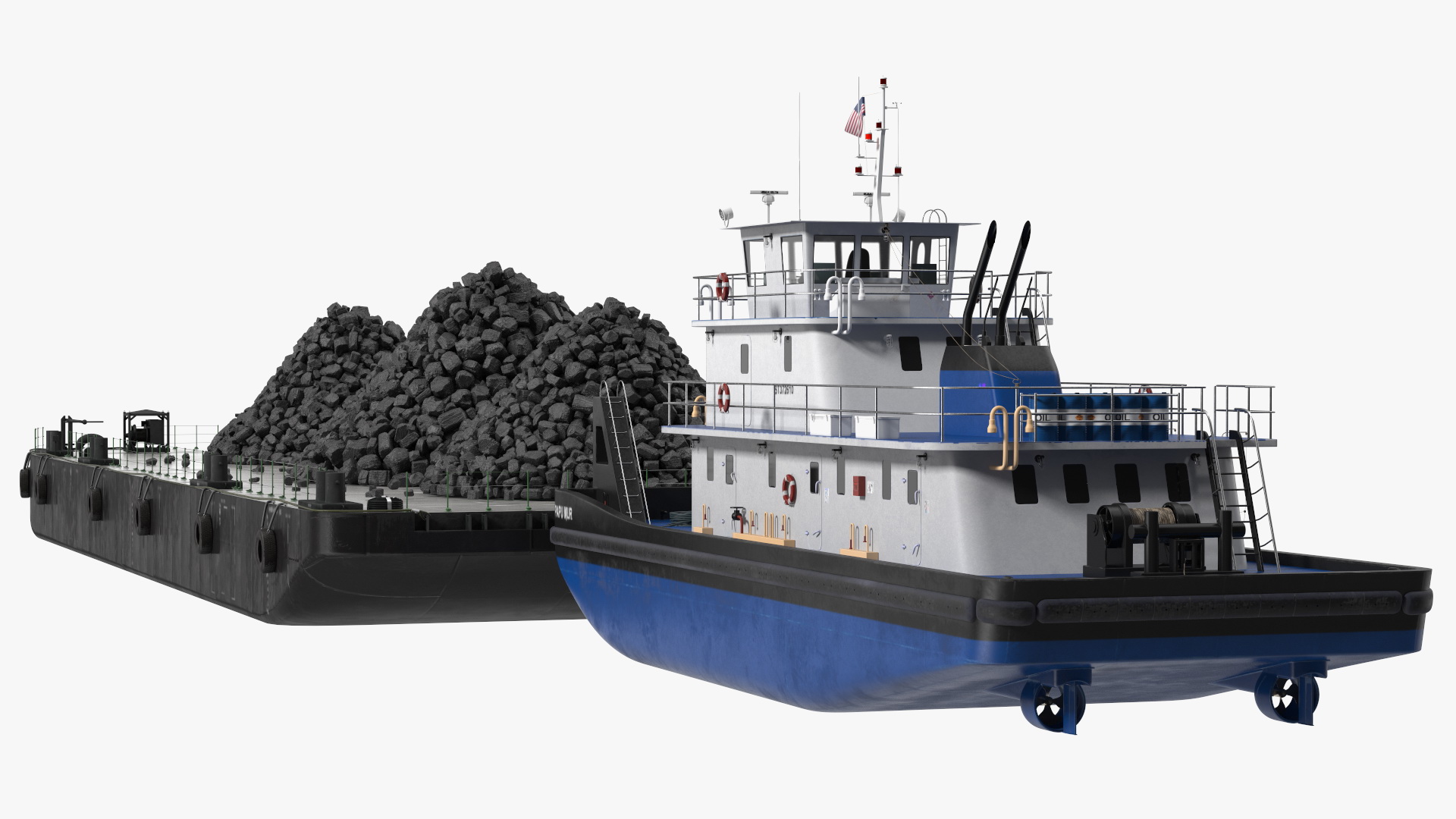 3D model Push Boat Ship with Pontoon Barge Loaded Coal