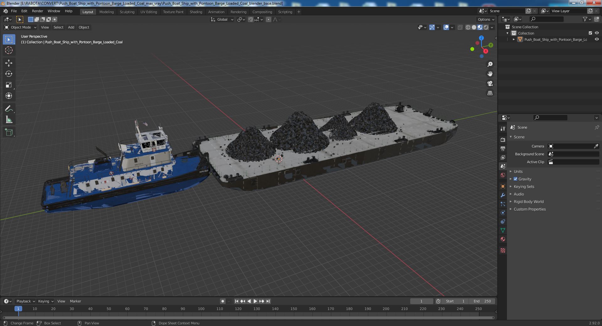 3D model Push Boat Ship with Pontoon Barge Loaded Coal