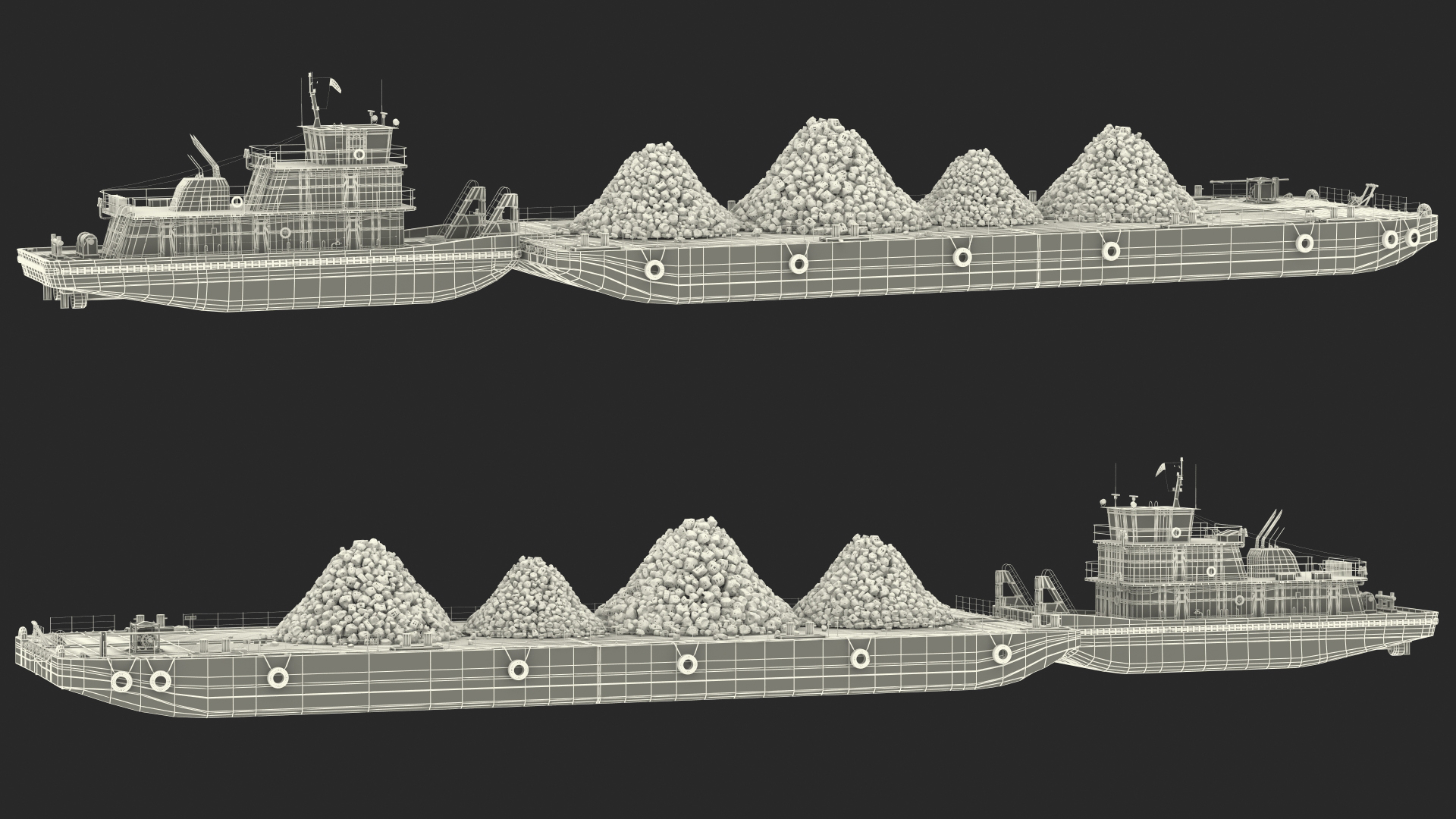 3D model Push Boat Ship with Pontoon Barge Loaded Coal