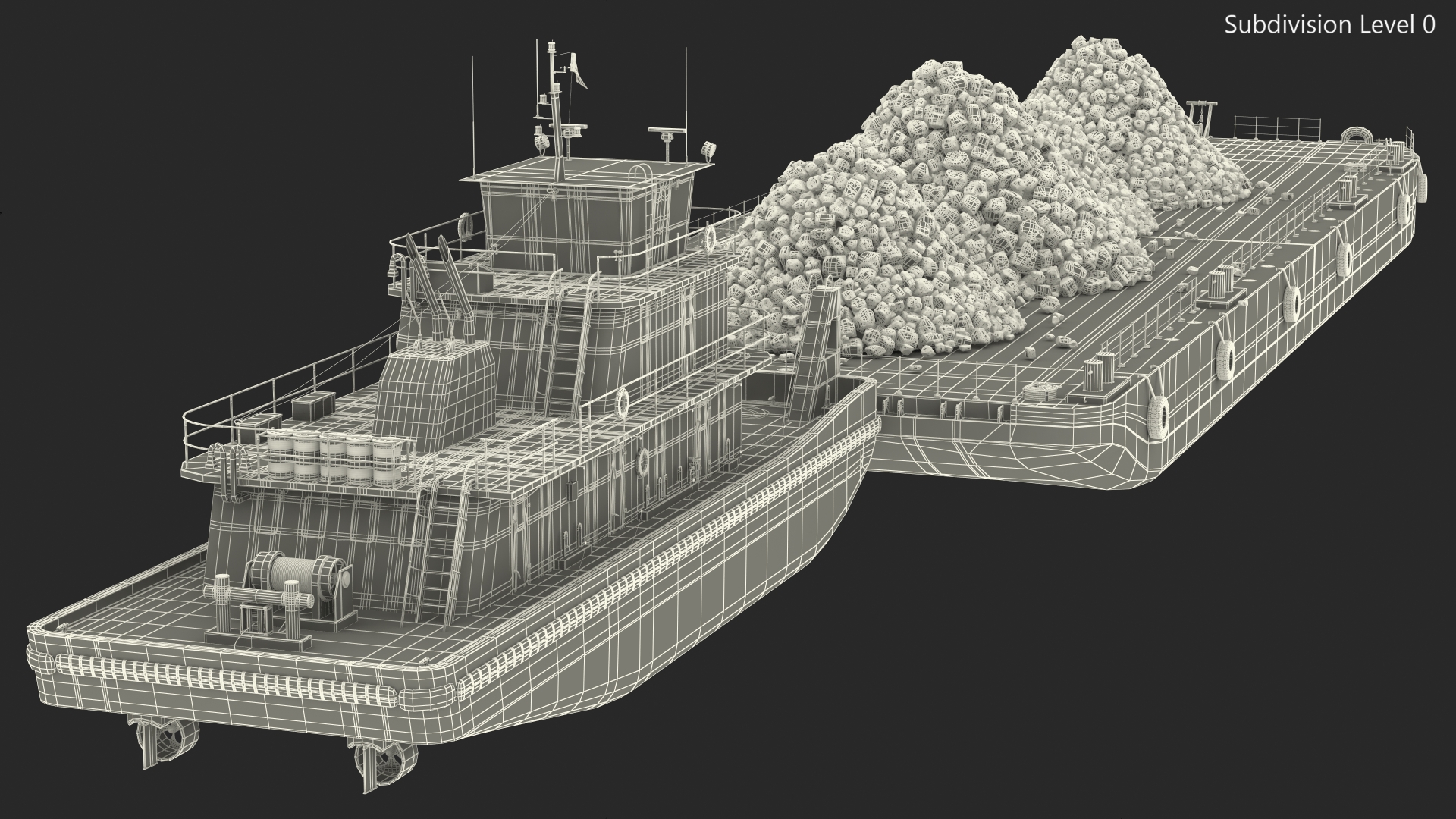 3D model Push Boat Ship with Pontoon Barge Loaded Coal